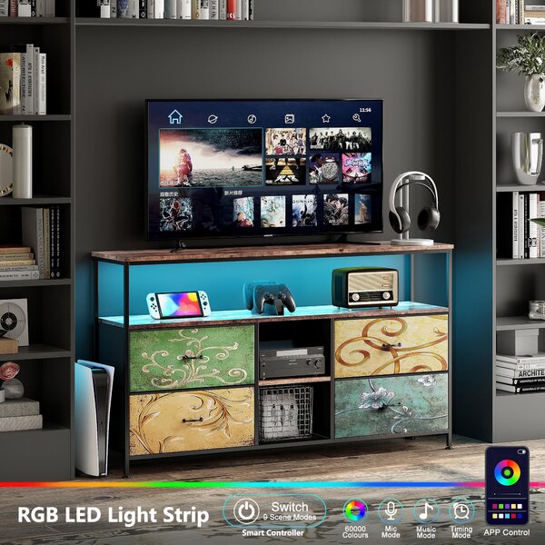 Moderní LED TV stolek, dřevo, 4 zásuvky, černý látkový vzor, úložný prostor, nastavitelné nožičky, 108 x 29,8 x 76,8 cm, barevný