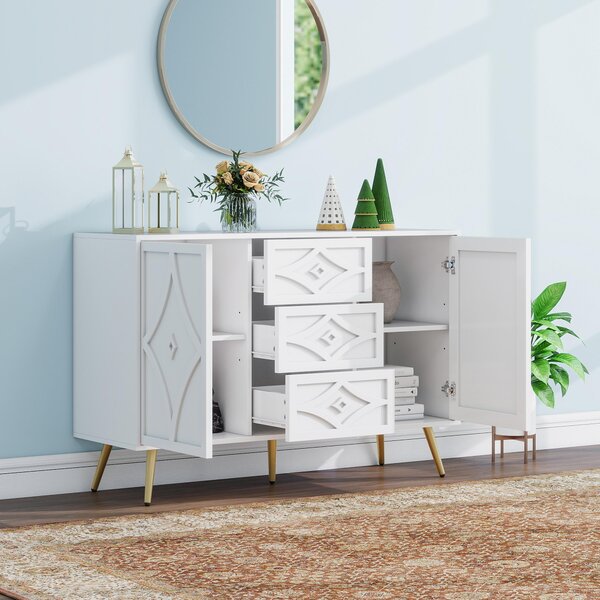 Elegantní bílá komoda 120×40×80 cm s kosočtvercovým vzorem, 3 zásuvkami a 2 dvířky, zlaté nohy, ideální do obývacího pokoje a ložnice