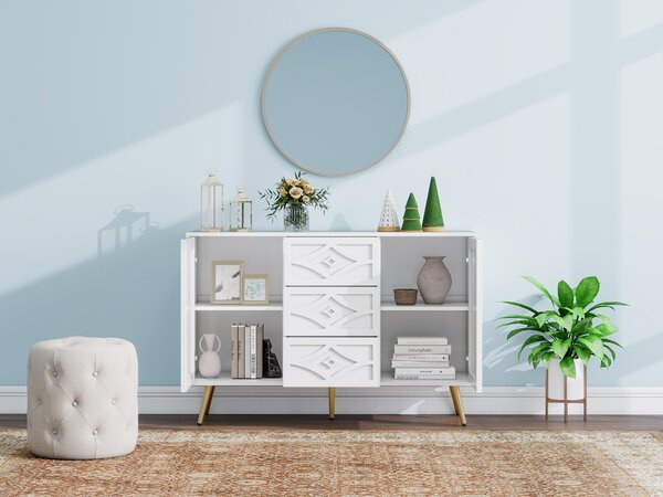 Elegantní bílá komoda 120×40×80 cm s kosočtvercovým vzorem, 3 zásuvkami a 2 dvířky, zlaté nohy, ideální do obývacího pokoje a ložnice