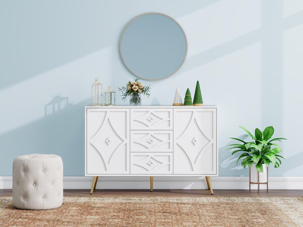 Elegantní bílá komoda 120×40×80 cm s kosočtvercovým vzorem, 3 zásuvkami a 2 dvířky, zlaté nohy, ideální do obývacího pokoje a ložnice