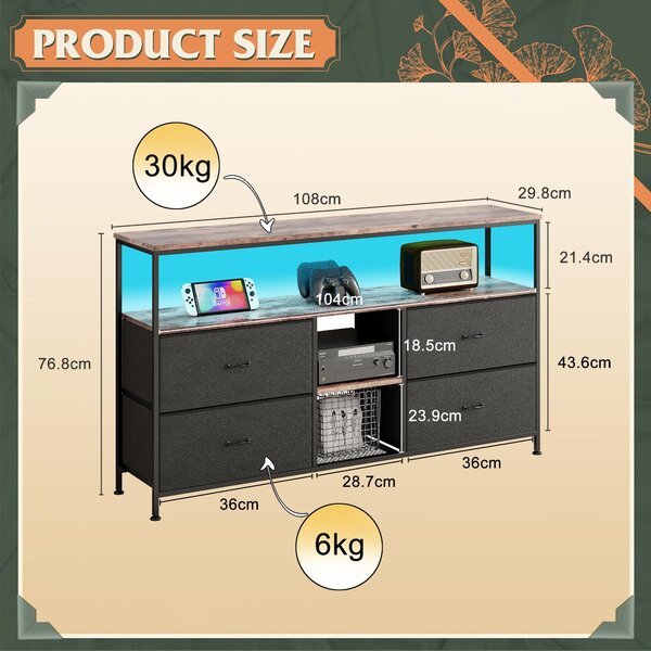 Moderní LED TV stolek, dřevo, 4 zásuvky, černý látkový vzor, úložný prostor, nastavitelné nožičky, 108 x 29,8 x 76,8 cm, černá barva