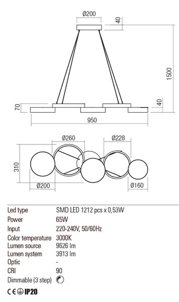 Redo Závěsné LED svítidlo Cronos, délka 95cm Barva: Černá
