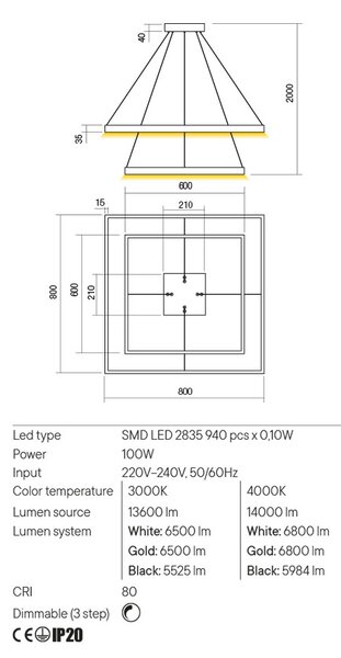 Redo Závěsné LED svítidlo Febe - 2 čtverce, ø80cm/ø60cm Barva: Zlatá, Teplota světla: 4000K - denní bílá
