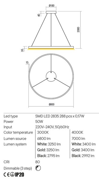 Redo Závěsné LED svítidlo Febe - kulaté, ø80cm Barva: Černá, Teplota světla: 3000K - teplá bílá