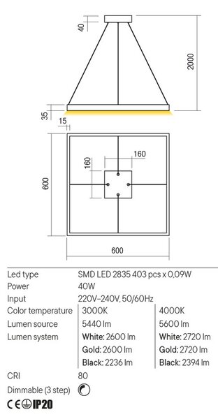 Redo Závěsné LED svítidlo Febe - hranaté, ø60cm Barva: Bílá, Teplota světla: 3000K - teplá bílá
