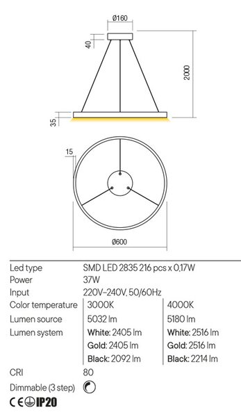 Redo Závěsné LED svítidlo Febe - kulaté ø60 cm Barva: Černá, Teplota světla: 3000K - teplá bílá