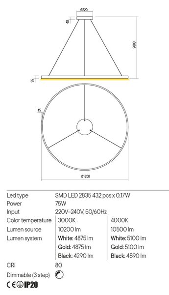 Redo Závěsné LED svítidlo Febe - kulaté, ø120cm Barva: Černá, Teplota světla: 3000K - teplá bílá