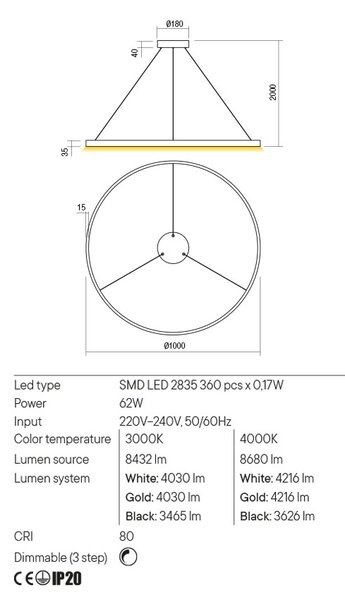 Redo Závěsné LED svítidlo Febe - kulaté, ø100cm Barva: Černá, Teplota světla: 3000K - teplá bílá
