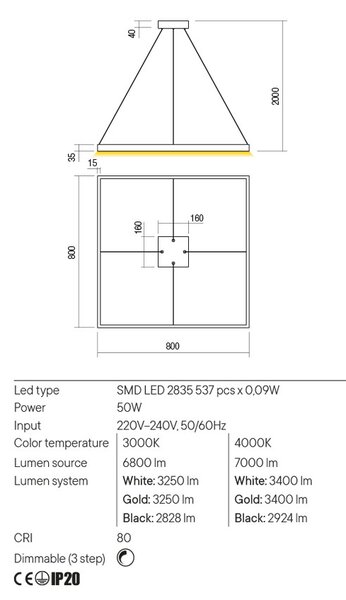 Redo Závěsné LED svítidlo Febe - hranaté, ø80cm Barva: Bílá, Teplota světla: 3000K - teplá bílá
