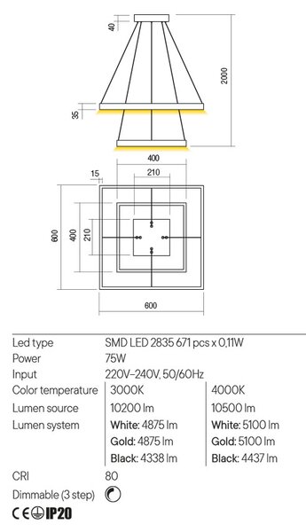 Redo Závěsné LED svítidlo Febe - 2 čtverce, ø60cm/ø40cm Barva: Bílá, Teplota světla: 3000K - teplá bílá
