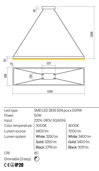 Redo Závěsné LED svítidlo Febe - hranaté, d. 120cm Barva: Bílá, Teplota světla: 3000K - teplá bílá