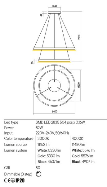 Redo Závěsné LED svítidlo Febe - 2 kruhy, ø80cm/ø60cm Barva: Černá, Teplota světla: 3000K - teplá bílá