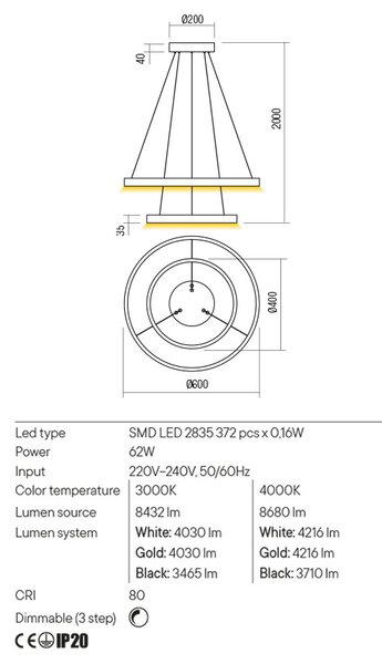Redo Závěsné LED svítidlo Febe - 2 kruhy, ø60cm/ø40cm Barva: Černá, Teplota světla: 3000K - teplá bílá