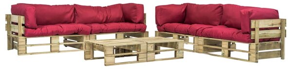 6dílná zahradní sedací souprava z palet a červené podušky dřevo