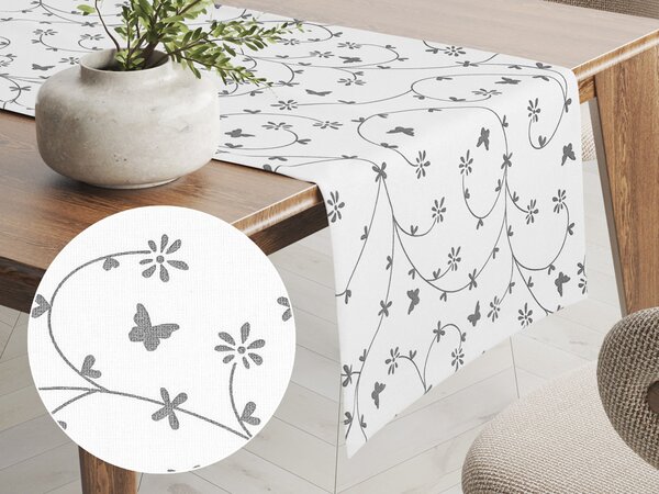 Biante Bavlněný běhoun na stůl Sandra SA-049 Drobné šedé květiny a motýlci na bílém 20x160 cm