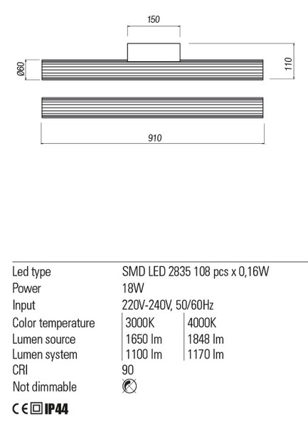 Redo Nástěnná LED lampa Rigal, d: 91cm, IP44 Teplota světla: 3000K - teplá bílá