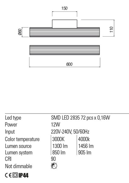 Redo Nástěnná LED lampa Rigal, d: 60cm, IP44 Teplota světla: 4000K - denní bílá