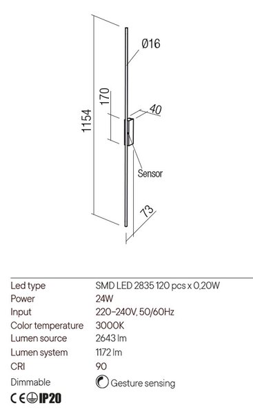 Redo Nástěnná LED lampa Stick se senzorem Barva: Černá