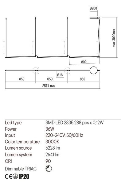 Redo Závěsné nastavitelné LED svítidlo Stick, max. 2574mm Barva: Mosaz