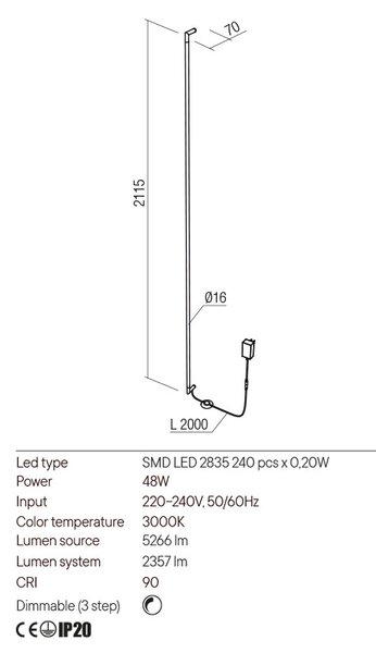Redo Nástěnná LED lampa Stick, v. 2115mm Barva: Černá