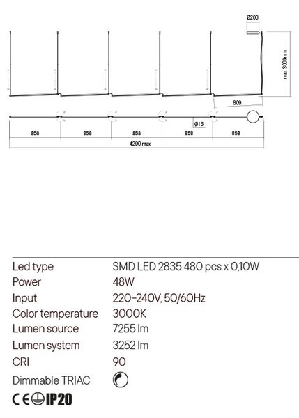 Redo Závěsné nastavitelné LED svítidlo Stick, max. 4290mm Barva: Černá