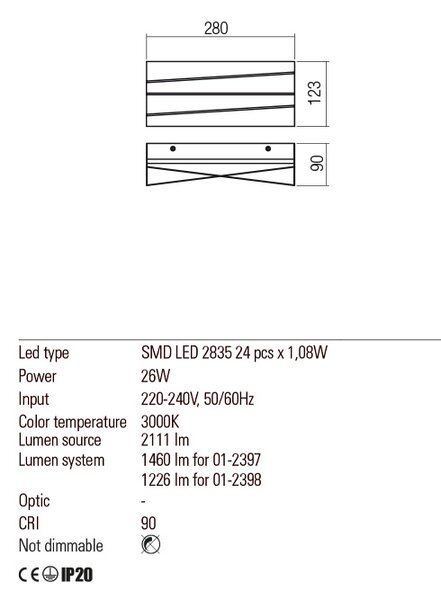 Redo Nástěnné LED svítidlo Zigo, 28cm x 12,3cm Barva: Bílá