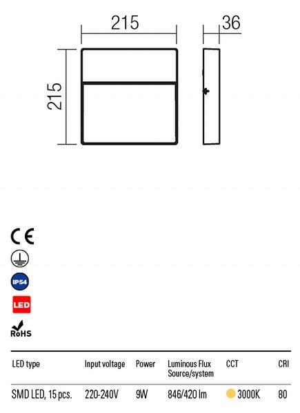 Redo Venkovní nástěnné svítidlo EVEN - hranaté, ø21,5cm, IP54 Barva: Bílá