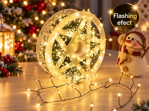 Vánoční LED mikro řetěz 30 m, 900 LED, teplá bílá se záblesky, časovač, zelený drátek