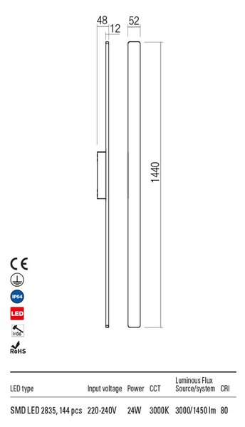 Redo Venkovní nástěnné svítidlo Reflexa d:1440mm, IP54 Barva: Černá