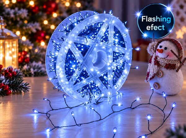 Vánoční LED mikro řetěz 30 m, 900 LED, modrá se záblesky, časovač, zelený drátek