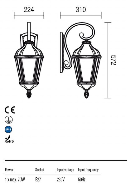 Redo Venkovní nástěnné svítidlo ESSEN, v:57,2cm, varianta spodní, IP44