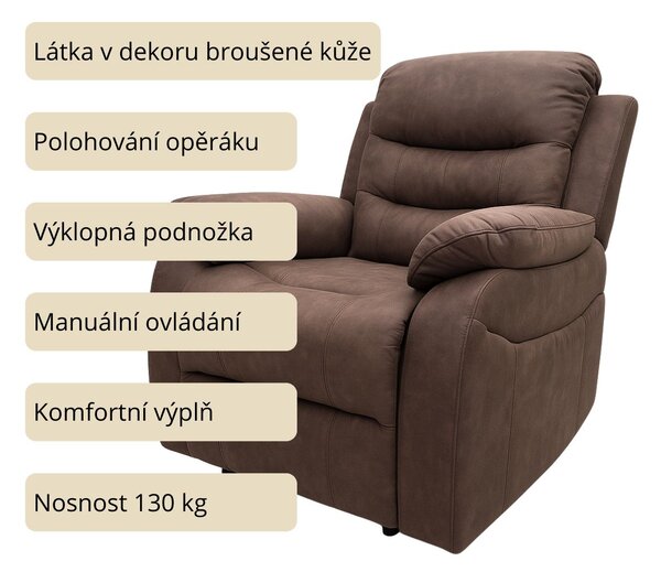 Vikio TV relaxační křeslo manuální polohování hnědá látka v dekoru kůže AKR138B-2