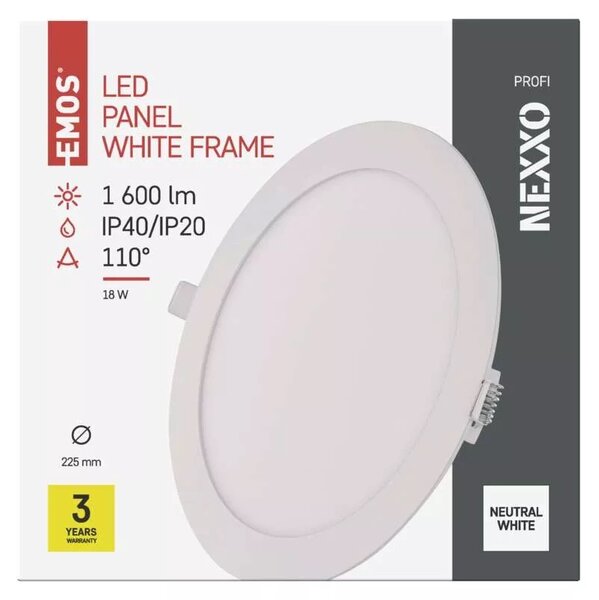 Emos lighting LED zápustný panel NEXXO ø22,5cm, 18W, kulatý, bílý Barva: Bílá, Teplota světla: 3000K - teplá bílá