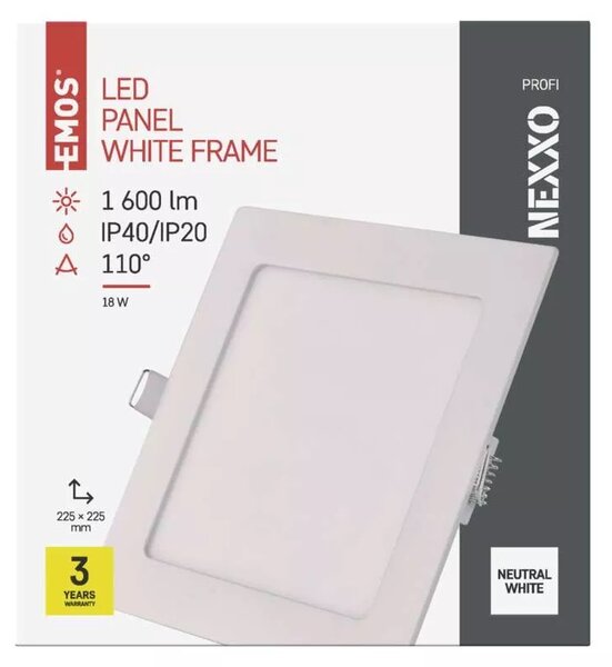 Emos lighting LED zápustný panel NEXXO, 22,5cm, 18W, čtvercový, bílý Barva: Bílá, Teplota světla: 4000K - denní bílá