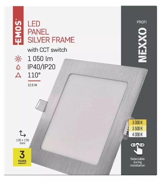 Emos lighting LED zápustný panel NEXXO, 17,5cm, 12,5W, CCT, čtvercový, černý/stříbrný Barva: Černá