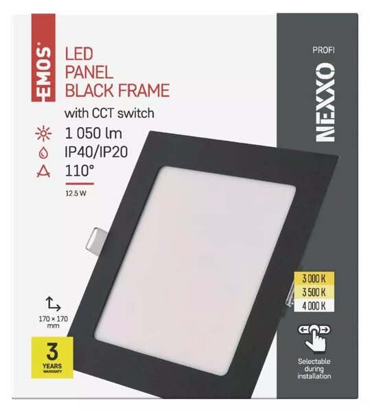 Emos lighting LED zápustný panel NEXXO, 17,5cm, 12,5W, CCT, čtvercový, černý/stříbrný Barva: Černá