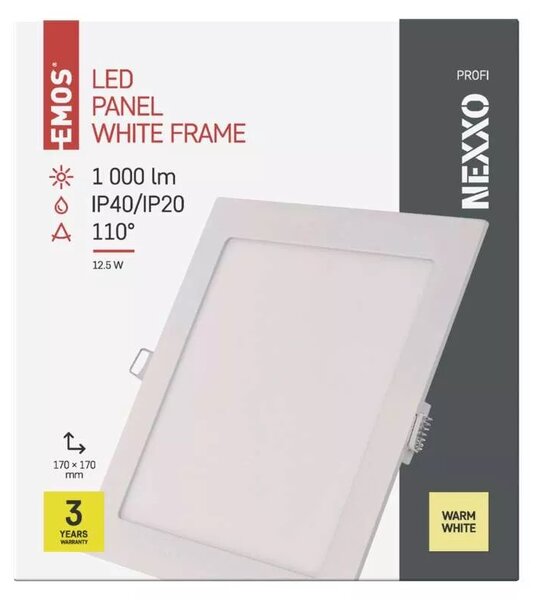 Emos lighting LED zápustný panel NEXXO, 17,5cm, 12,5W, čtvercový, bílý Barva: Bílá, Teplota světla: 3000K - teplá bílá