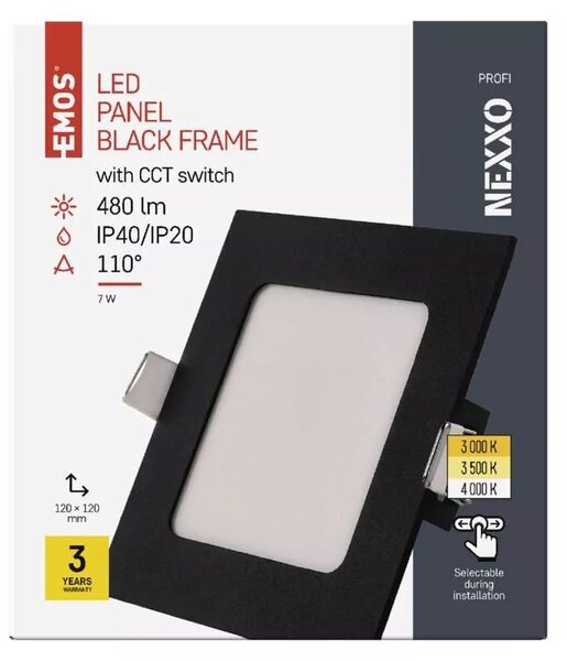 Emos lighting LED zápustný panel NEXXO, 12cm, 7W, CCT, čtvercový, černý/stříbrný Barva: Černá