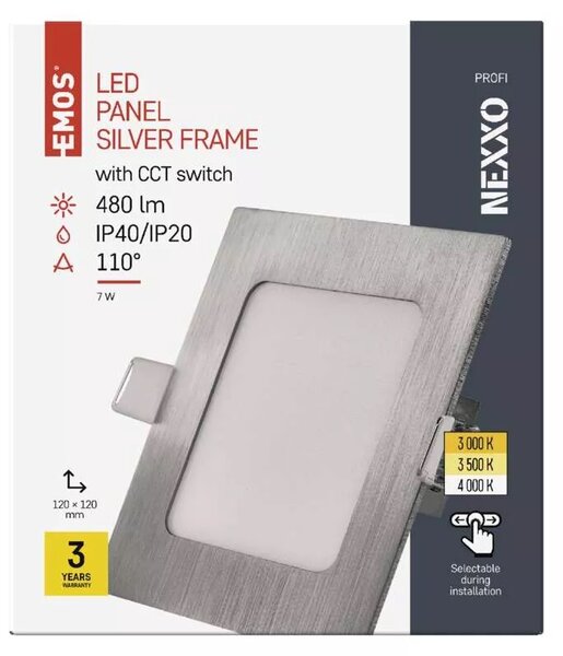 Emos lighting LED zápustný panel NEXXO, 12cm, 7W, CCT, čtvercový, černý/stříbrný Barva: Černá
