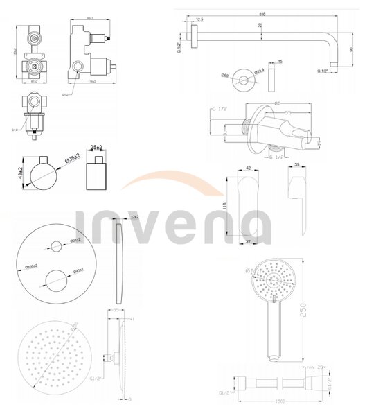 Invena Siros, podomítková sprchová sada s 2-výstupovým tělesem, černá matná, INV-BS-90-013-A