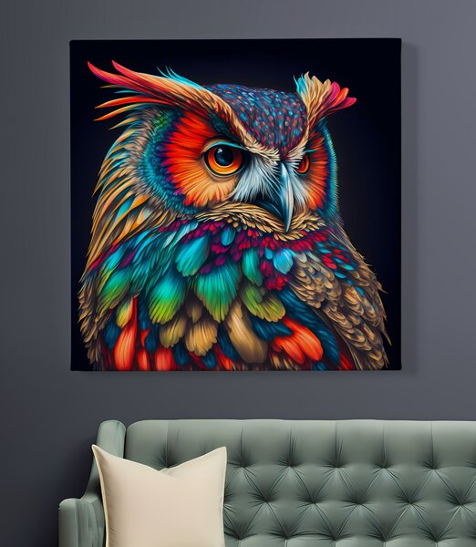 Obraz na plátně - barevná sova FeelHappy.cz Rozměr obrazu (Šířka x Výška): 40 x 40 cm
