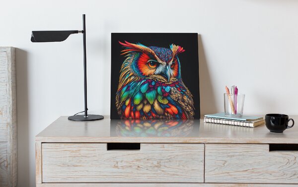 Obraz na plátně - barevná sova FeelHappy.cz Rozměr obrazu (Šířka x Výška): 40 x 40 cm