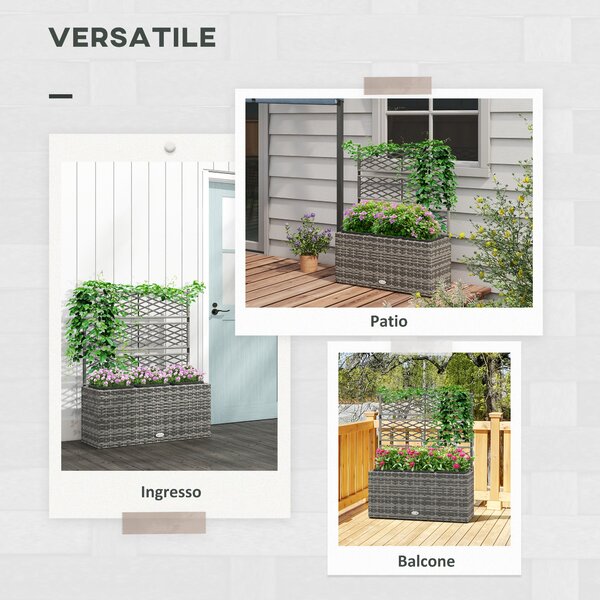 Outsunny Květináč s Trellis pro Popínavé Rostliny, Zvedený Květinový Záhon s 3 Vnitřními Květináči, Ocelová a PE Ratanová Konstrukce, 84x30x107cm, Šed