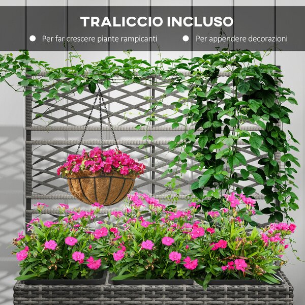 Outsunny Květináč s Trellis pro Popínavé Rostliny, Zvedený Květinový Záhon s 3 Vnitřními Květináči, Ocelová a PE Ratanová Konstrukce, 84x30x107cm, Šed