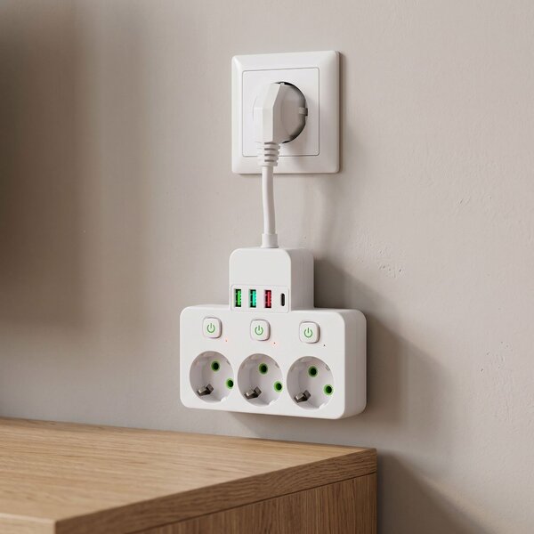 Toolight Toolight, JNH018, zásuvkový rozbočovač 3 zásuvky + 3× USB-A + USB-C s LED světlem, bílá, OSW-56306