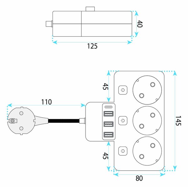 Toolight Toolight, JNH018, zásuvkový rozbočovač 3 zásuvky + 3× USB-A + USB-C s LED světlem, bílá, OSW-56306