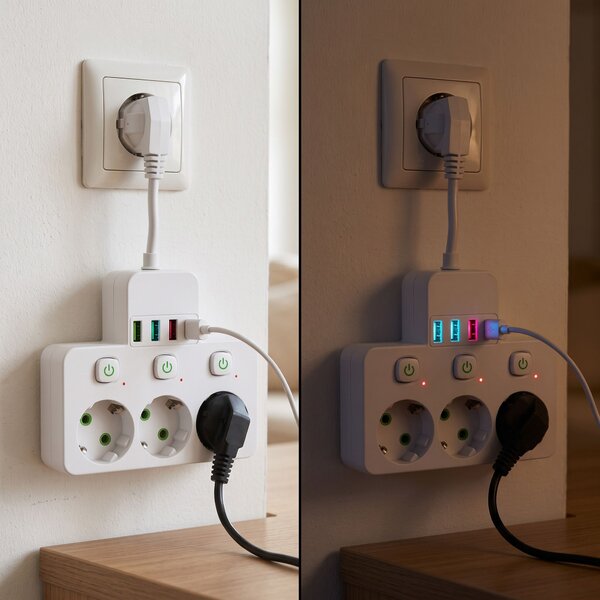 Toolight Toolight, JNH018, zásuvkový rozbočovač 3 zásuvky + 3× USB-A + USB-C s LED světlem, bílá, OSW-56306