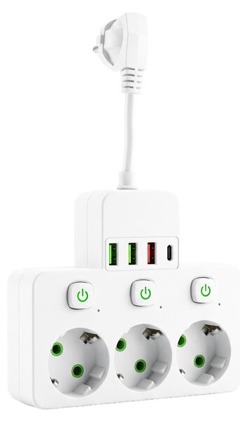 Toolight Toolight, JNH018, zásuvkový rozbočovač 3 zásuvky + 3× USB-A + USB-C s LED světlem, bílá, OSW-56306