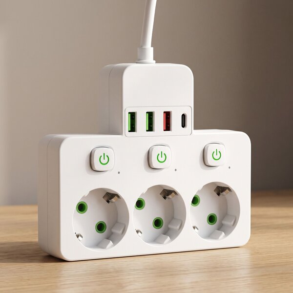 Toolight Toolight, JNH018, zásuvkový rozbočovač 3 zásuvky + 3× USB-A + USB-C s LED světlem, bílá, OSW-56306