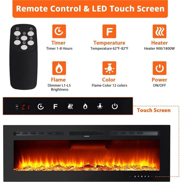 Elektrické krbové topení – nástěnné krbové topení – zdroj tepla a atmosféry – vestavěné krbové topení – digitální krb – 40 palců
